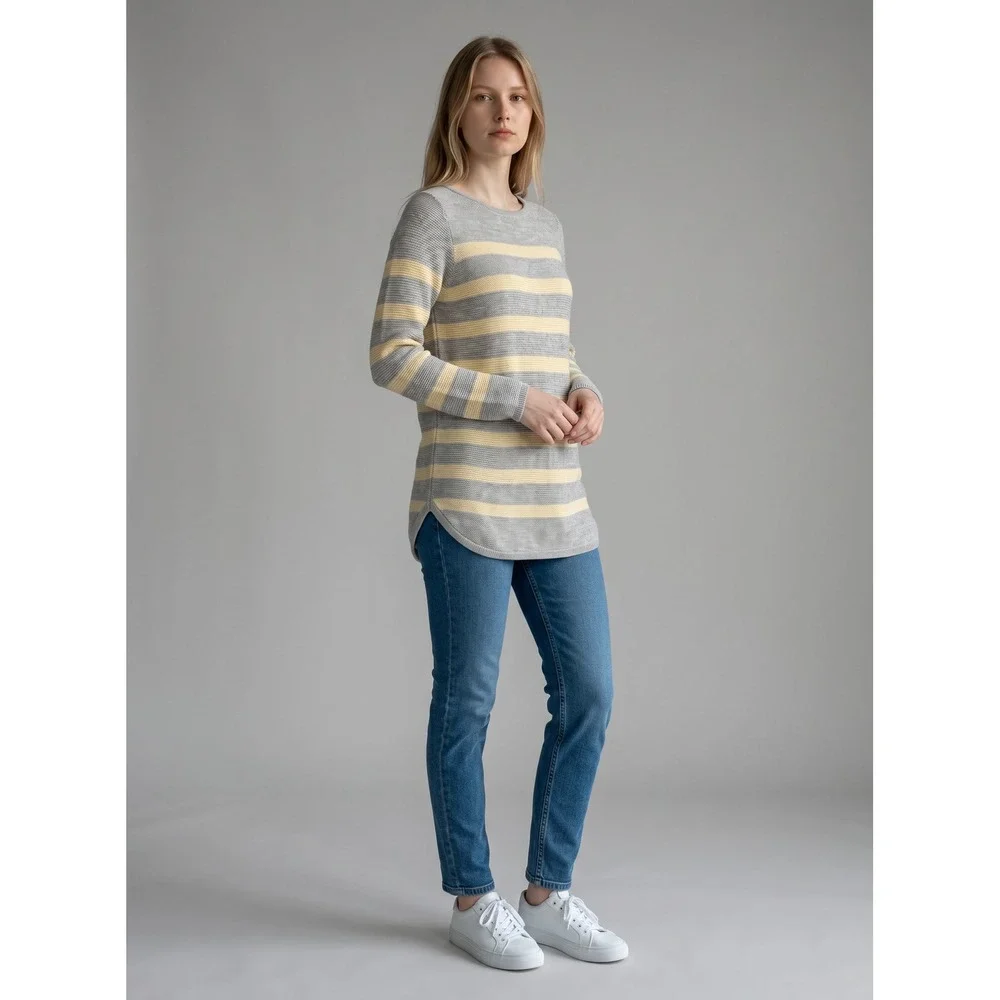 J.Jill Striped Tunic Sweater Grey  Butter Yellow Cotton Blend XS Curved Hem NWOT